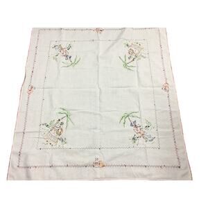 Vintage Handmade Embroidered Tablecloth Mexican Motif 40x46 Boho Folk Art